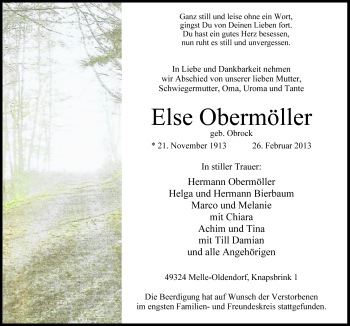 Traueranzeige von Else Obermöller von Neue Osnabrücker Zeitung GmbH & Co. KG