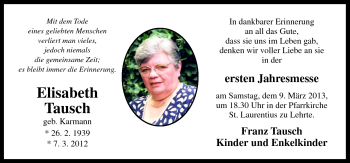 Traueranzeige von Elisabeth Tausch von Neue Osnabrücker Zeitung GmbH & Co. KG