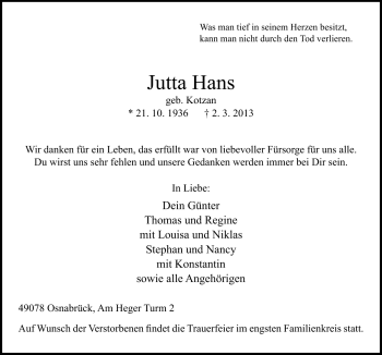 Traueranzeige von Jutta hans von Neue Osnabrücker Zeitung GmbH & Co. KG
