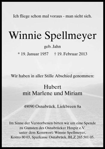 Traueranzeige von Winnie Spellmeyer von Neue Osnabrücker Zeitung GmbH & Co. KG