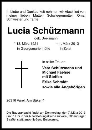 Traueranzeige von Lucia Schützmann von Neue Osnabrücker Zeitung GmbH & Co. KG