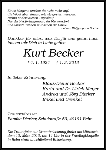 Traueranzeige von Kurt Becker von Neue Osnabrücker Zeitung GmbH & Co. KG