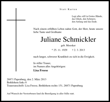 Traueranzeige von Juliane Schmickler von Neue Osnabrücker Zeitung GmbH & Co. KG