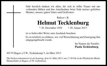 Traueranzeige von Helmut Tecklenburg von Neue Osnabrücker Zeitung GmbH & Co. KG