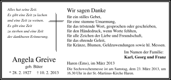 Traueranzeige von Angela Greive von Neue Osnabrücker Zeitung GmbH & Co. KG