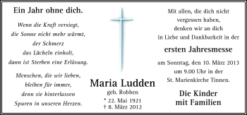 Traueranzeige von Maria Ludden von Neue Osnabrücker Zeitung GmbH & Co. KG