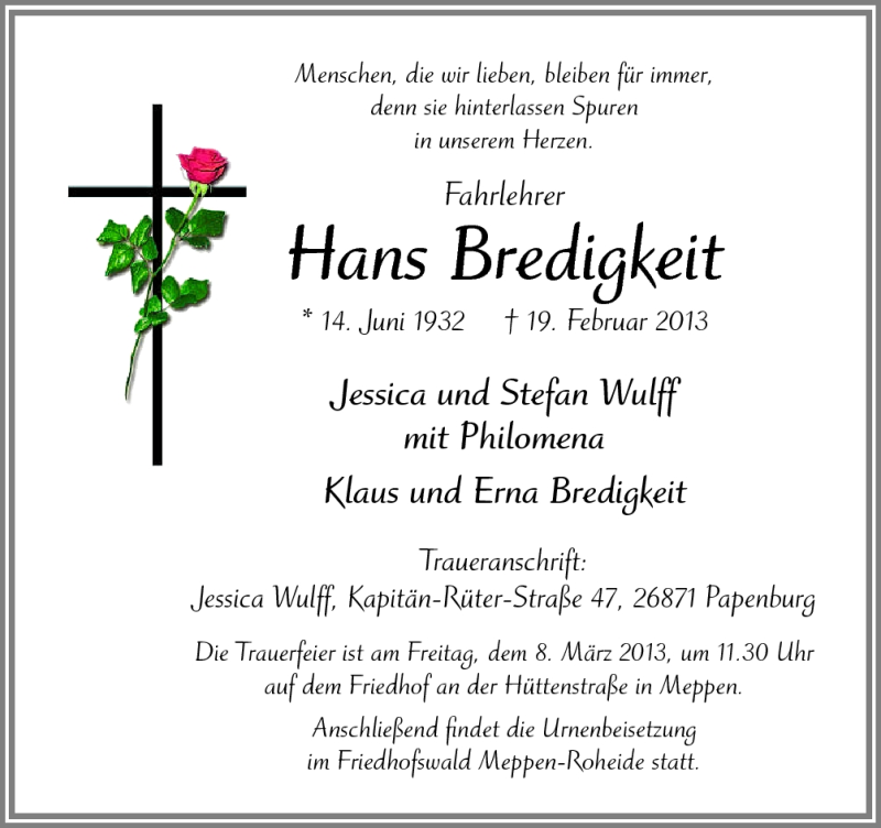 Traueranzeige für Hans Bredigkeit vom 06.03.2013 aus Neue Osnabrücker Zeitung GmbH & Co. KG
