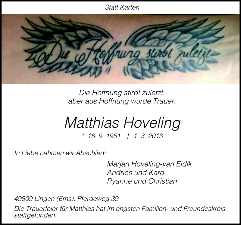  Traueranzeige für Matthias Hoveling vom 06.03.2013 aus Neue Osnabrücker Zeitung GmbH & Co. KG