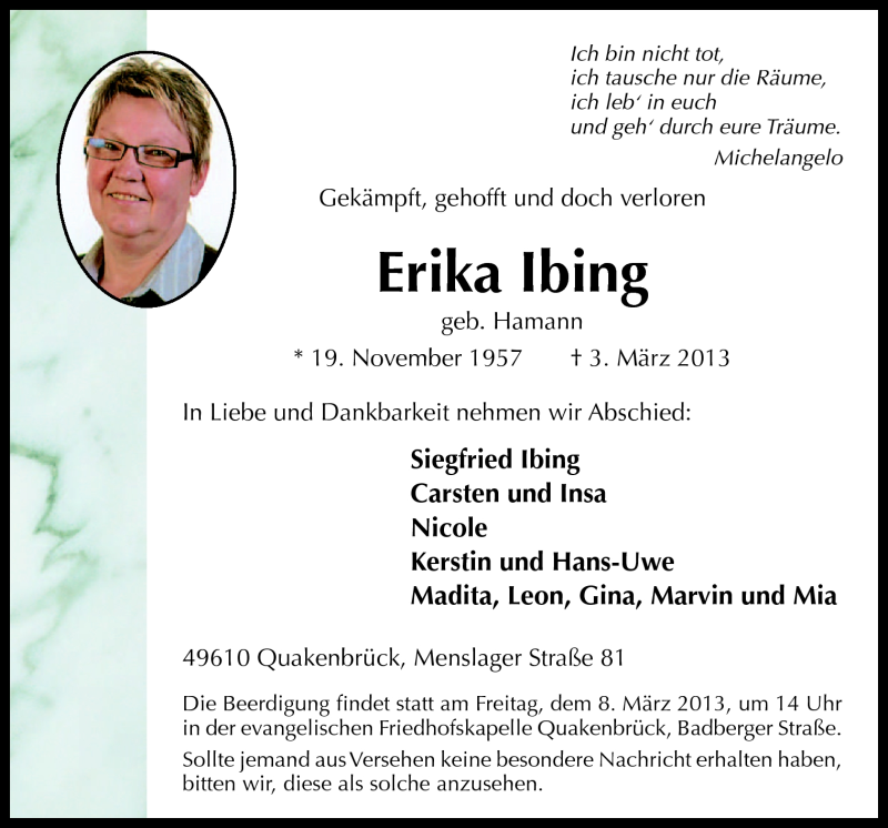  Traueranzeige für Erika Ibing vom 06.03.2013 aus Neue Osnabrücker Zeitung GmbH & Co. KG