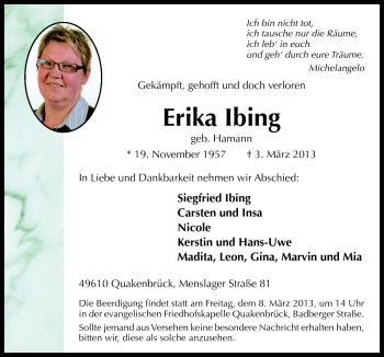 Traueranzeige von Erika Ibing von Neue Osnabrücker Zeitung GmbH & Co. KG