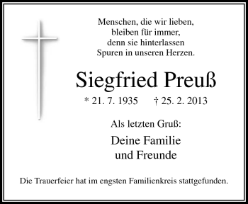 Traueranzeige von Siegfried Preuß von Neue Osnabrücker Zeitung GmbH & Co. KG
