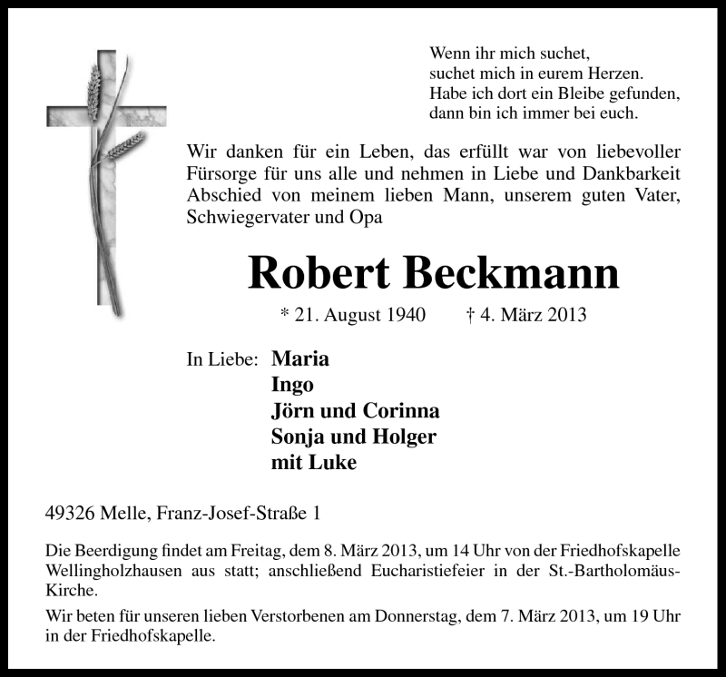  Traueranzeige für Robert Beckmann vom 06.03.2013 aus Neue Osnabrücker Zeitung GmbH & Co. KG