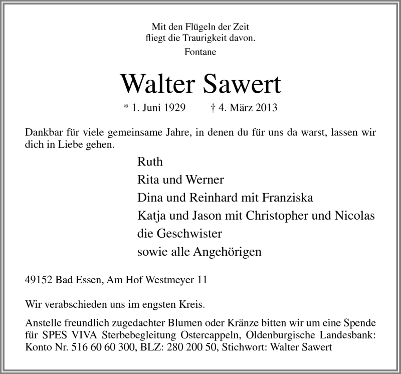  Traueranzeige für Walter Sawert vom 06.03.2013 aus Neue Osnabrücker Zeitung GmbH & Co. KG