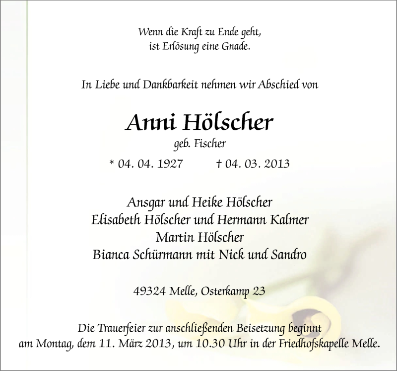  Traueranzeige für Anni Hölscher vom 07.03.2013 aus Neue Osnabrücker Zeitung GmbH & Co. KG