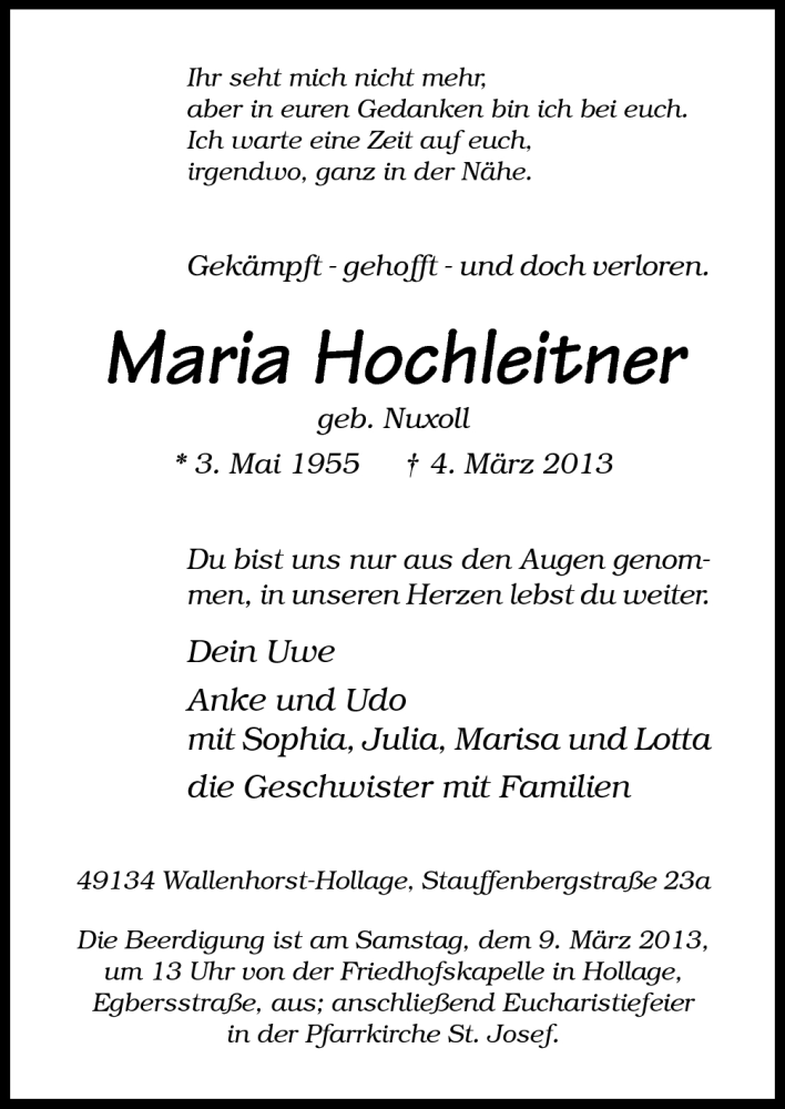  Traueranzeige für Maria Hochleitner vom 06.03.2013 aus Neue Osnabrücker Zeitung GmbH & Co. KG