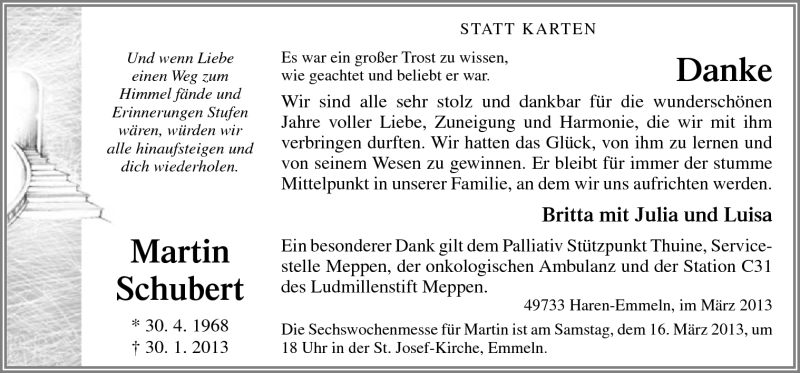  Traueranzeige für Martin Schubert vom 13.03.2013 aus Neue Osnabrücker Zeitung GmbH & Co. KG