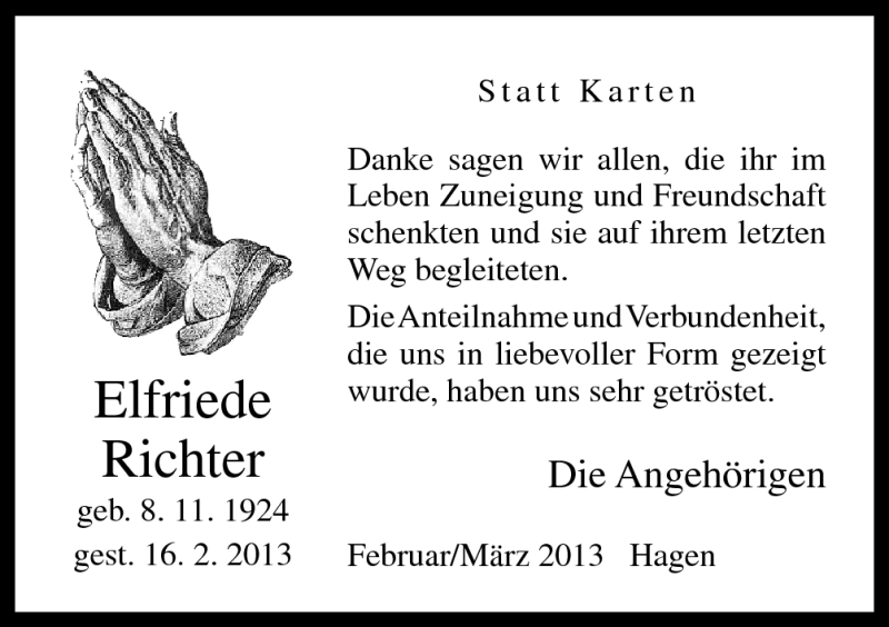  Traueranzeige für Elfriede Richter vom 07.03.2013 aus Neue Osnabrücker Zeitung GmbH & Co. KG