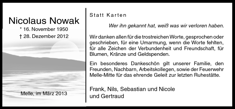  Traueranzeige für Nicolaus Nowak vom 09.03.2013 aus Neue Osnabrücker Zeitung GmbH & Co. KG