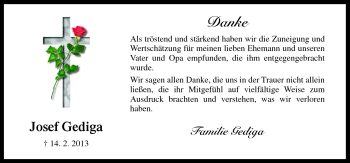 Traueranzeige von Josef Gediga von Neue Osnabrücker Zeitung GmbH & Co. KG