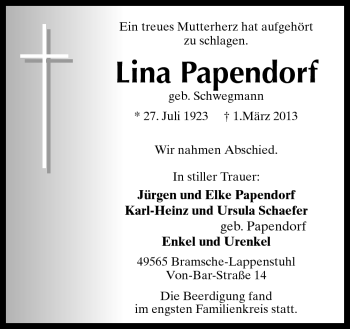 Traueranzeige von Lina Papendorf von Neue Osnabrücker Zeitung GmbH & Co. KG