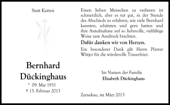 Traueranzeige von Bernhard Dückinghaus von Neue Osnabrücker Zeitung GmbH & Co. KG
