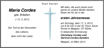 Traueranzeige von Maria Cordes von Neue Osnabrücker Zeitung GmbH & Co. KG