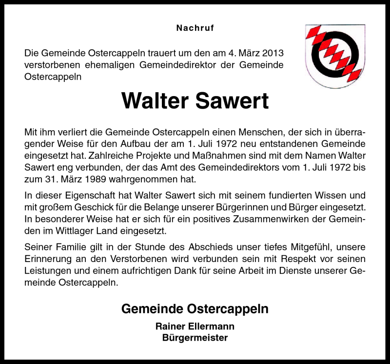  Traueranzeige für Walter Sawert vom 08.03.2013 aus Neue Osnabrücker Zeitung GmbH & Co. KG