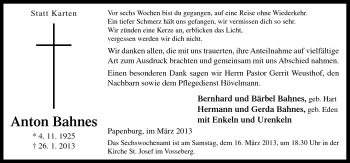 Traueranzeige von Anton Bahnes von Neue Osnabrücker Zeitung GmbH & Co. KG