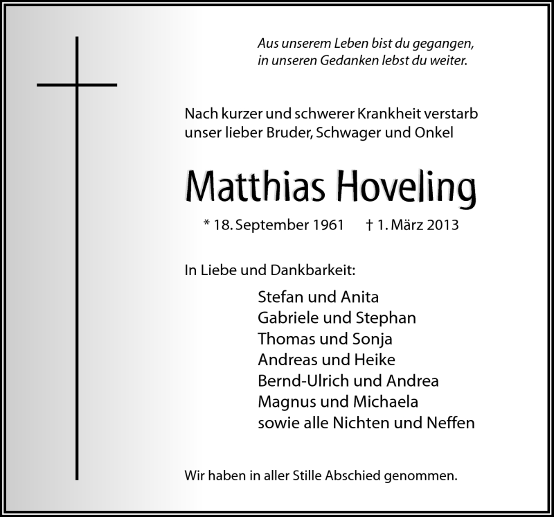  Traueranzeige für Matthias Hoveling vom 09.03.2013 aus Neue Osnabrücker Zeitung GmbH & Co. KG