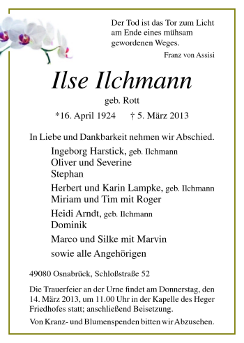 Traueranzeige von Ilse Ilchmann von Neue Osnabrücker Zeitung GmbH & Co. KG