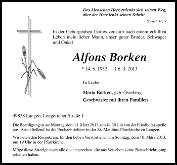 Traueranzeige von Alfons Borken von Neue Osnabrücker Zeitung GmbH & Co. KG