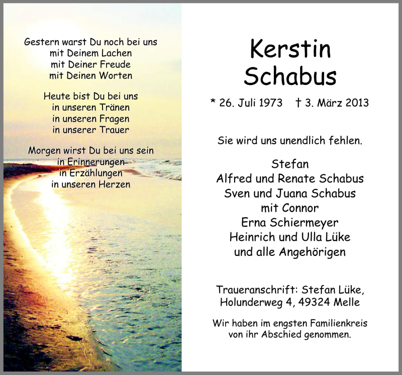  Traueranzeige für Kerstin Schabus vom 12.03.2013 aus Neue Osnabrücker Zeitung GmbH & Co. KG