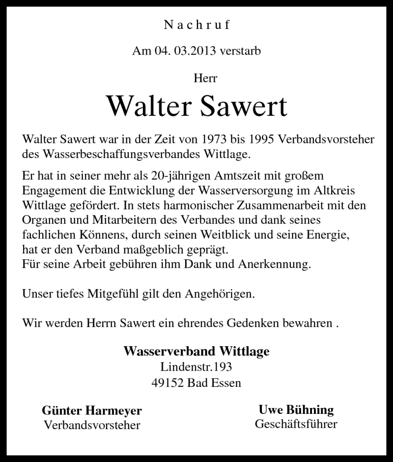  Traueranzeige für Walter Sawert vom 08.03.2013 aus Neue Osnabrücker Zeitung GmbH & Co. KG