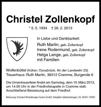 Traueranzeige von Christel Zollenkopf von Neue Osnabrücker Zeitung GmbH & Co. KG