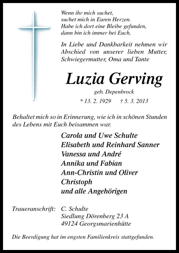  Traueranzeige für Luzia Gerving vom 11.03.2013 aus Neue Osnabrücker Zeitung GmbH & Co. KG