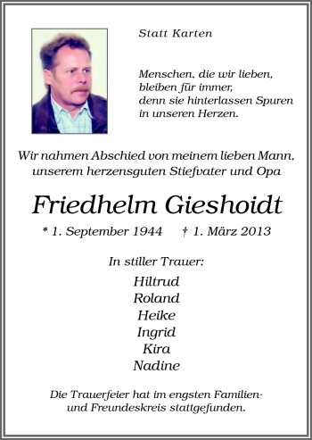 Traueranzeige von Friedhelm Gieshoidt von Neue Osnabrücker Zeitung GmbH & Co. KG