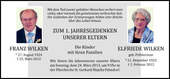 Traueranzeige von Franz Wilken von Neue Osnabrücker Zeitung GmbH & Co. KG