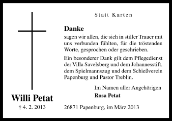 Traueranzeige von Willi Petat von Neue Osnabrücker Zeitung GmbH & Co. KG