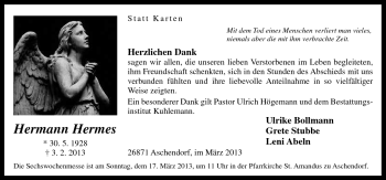 Traueranzeige von Hermann Hermes von Neue Osnabrücker Zeitung GmbH & Co. KG