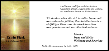 Traueranzeige von Erwin Pieck von Neue Osnabrücker Zeitung GmbH & Co. KG