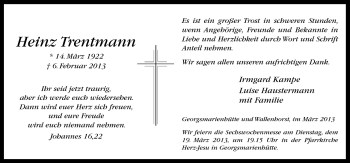 Traueranzeige von Heinz Trentmann von Neue Osnabrücker Zeitung GmbH & Co. KG