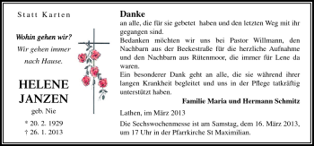 Traueranzeige von Helene Janzen von Neue Osnabrücker Zeitung GmbH & Co. KG