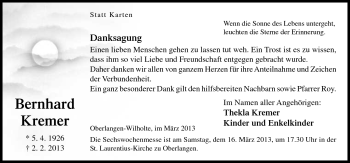 Traueranzeige von Bernhard Kremer von Neue Osnabrücker Zeitung GmbH & Co. KG