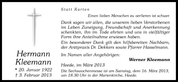 Traueranzeige von Hermann Kleemann von Neue Osnabrücker Zeitung GmbH & Co. KG