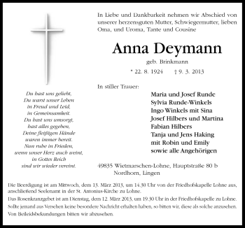 Traueranzeige von Anna Deymann von Neue Osnabrücker Zeitung GmbH & Co. KG