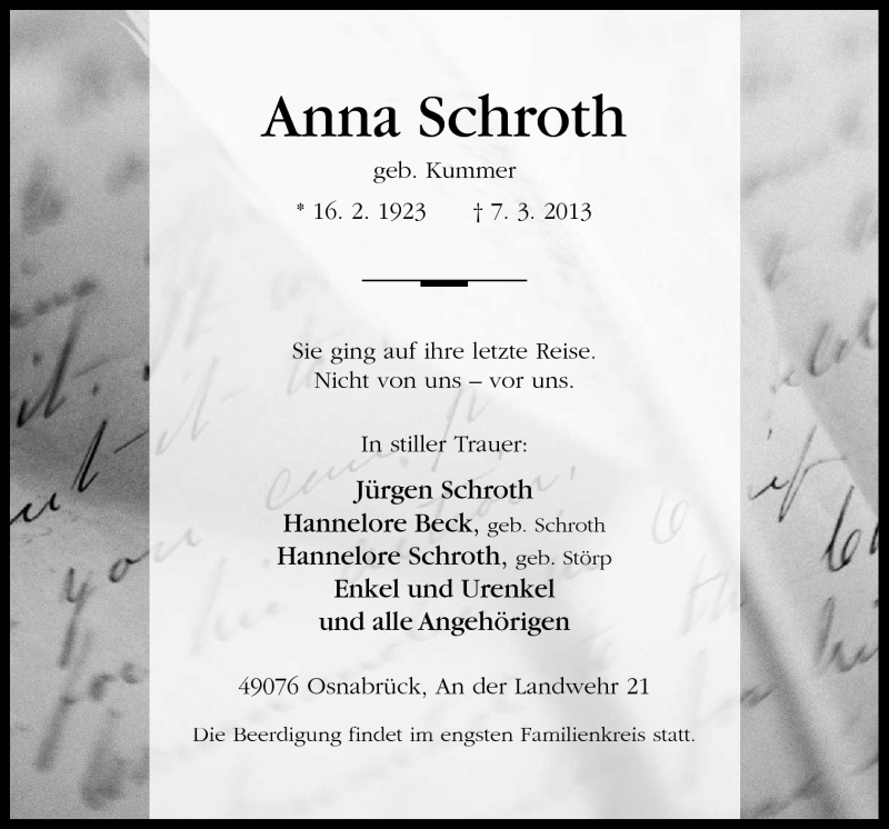  Traueranzeige für Anna Schroth vom 12.03.2013 aus Neue Osnabrücker Zeitung GmbH & Co. KG