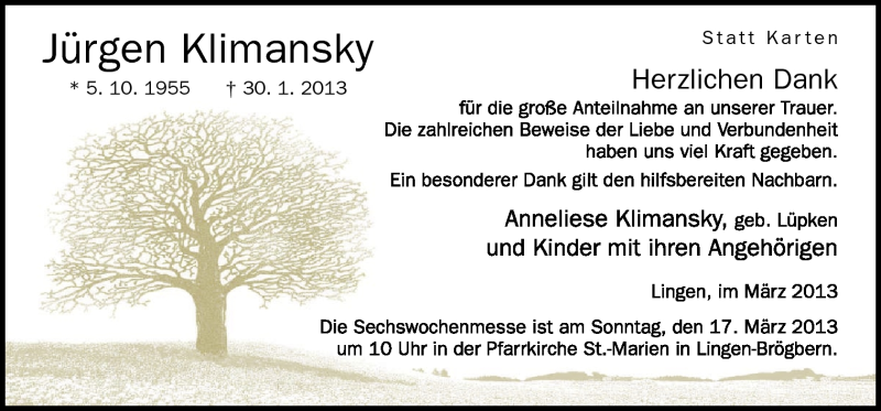  Traueranzeige für Jürgen Klimansky vom 13.03.2013 aus Neue Osnabrücker Zeitung GmbH & Co. KG