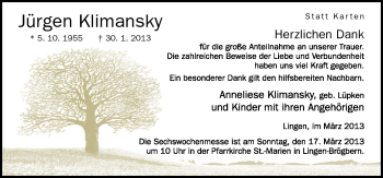 Traueranzeige von Jürgen Klimansky von Neue Osnabrücker Zeitung GmbH & Co. KG