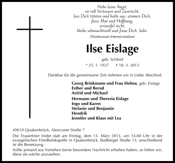 Traueranzeige von Ilse Eislage von Neue Osnabrücker Zeitung GmbH & Co. KG
