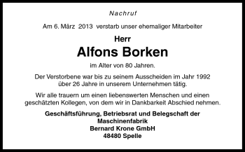 Traueranzeige von Alfons Borken von Neue Osnabrücker Zeitung GmbH & Co. KG